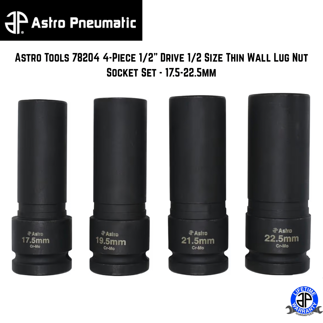 Astro Tools 78204 4-Piece 1/2" Drive 1/2 Size Thin Wall Lug Nut Socket Set - 17.5-22.5mm
