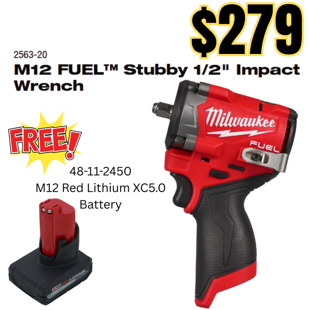 M12 FUEL™ Stubby 1/2" Impact Wrench with FREE XC5.0 Battery!