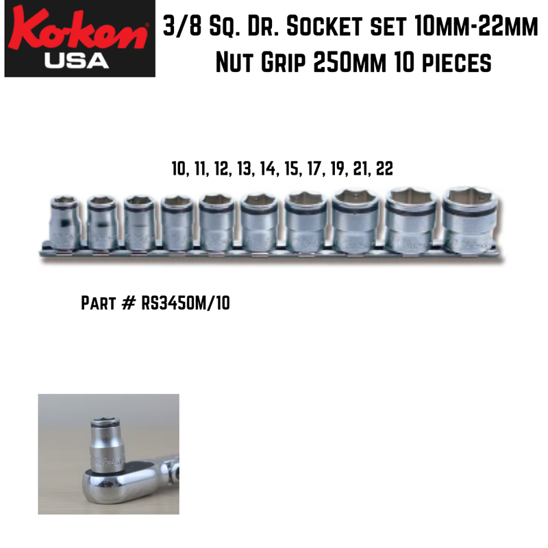 Koken 3/8" Socket set 10mm-22mm Nut Grip 250mm 10 pieces