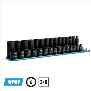 Capri Tools 3/8 in. Drive Shallow and Deep Impact Socket Set, Metric, 8 to 22 mm, 30-Piece with Billet Aluminum Socket Rail
