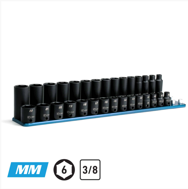 Capri Tools 3/8 in. Drive Shallow and Deep Impact Socket Set, Metric, 8 to 22 mm, 30-Piece with Billet Aluminum Socket Rail