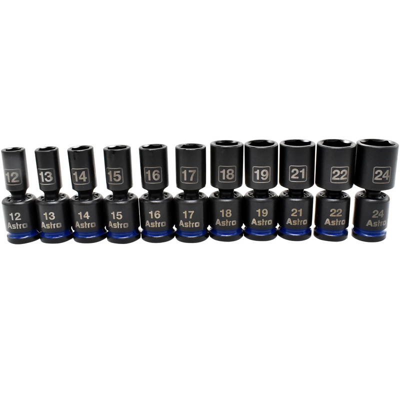 Astro Pneumatic 11-Piece 1/2″ Drive Mid-Length Pinless Universal Impact Sockets – Metric