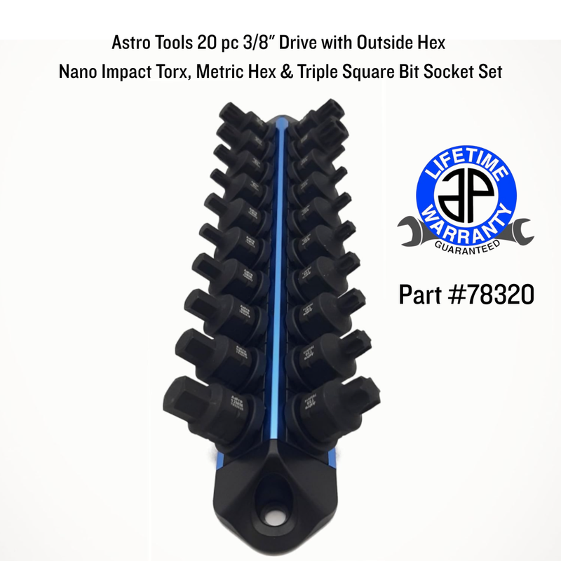 Astro Tools 20 pc 3/8" Drive with Outside Hex Nano Impact Torx, Metric Hex & Triple Square Bit Socket Set