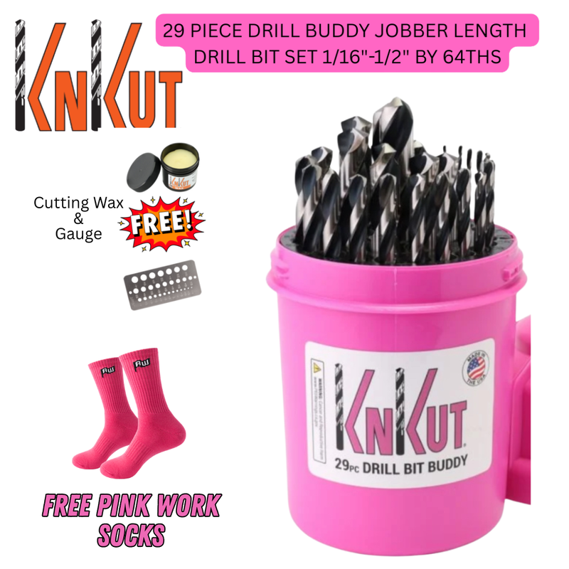 PINK KNKUT 29 PIECE DRILL BUDDY JOBBER LENGTH DRILL BIT SET 1/16"-1/2" BY 64THS