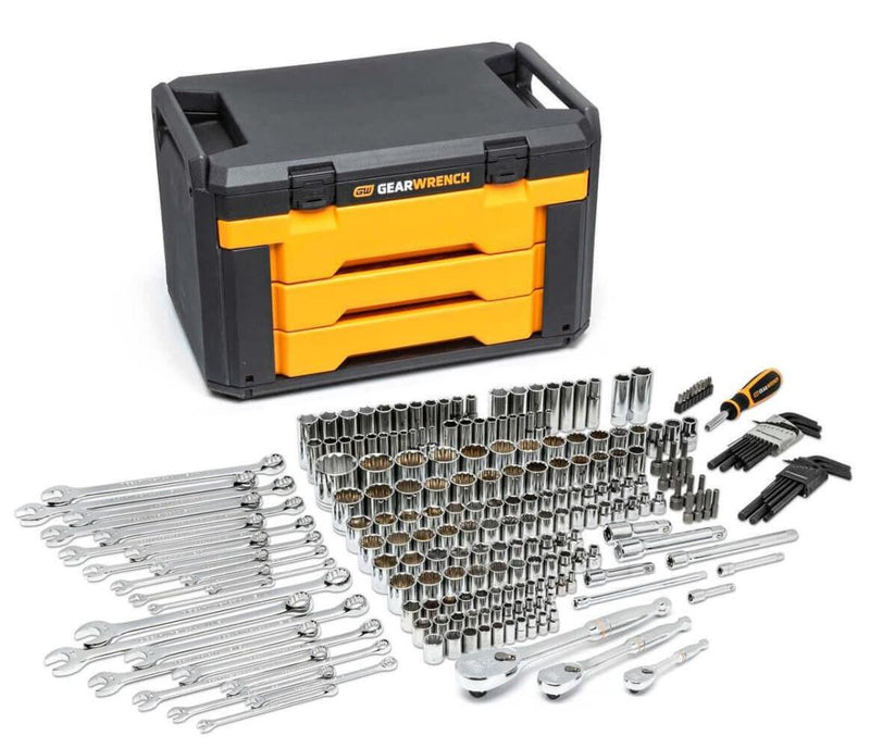 GEARWRENCH 80942 239 piece mechanics tool set with 3 drawer storage box and all tools displayed