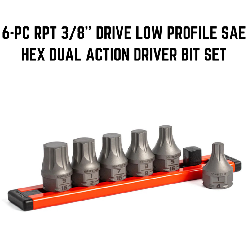 GRIPEDGE | 6-PC RPT 3/8'' DRIVE LOW PROFILE SAE HEX DUAL ACTION DRIVER BIT SET