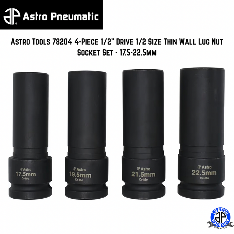 Astro Tools 78204 4-Piece 1/2" Drive 1/2 Size Thin Wall Lug Nut Socket Set - 17.5-22.5mm