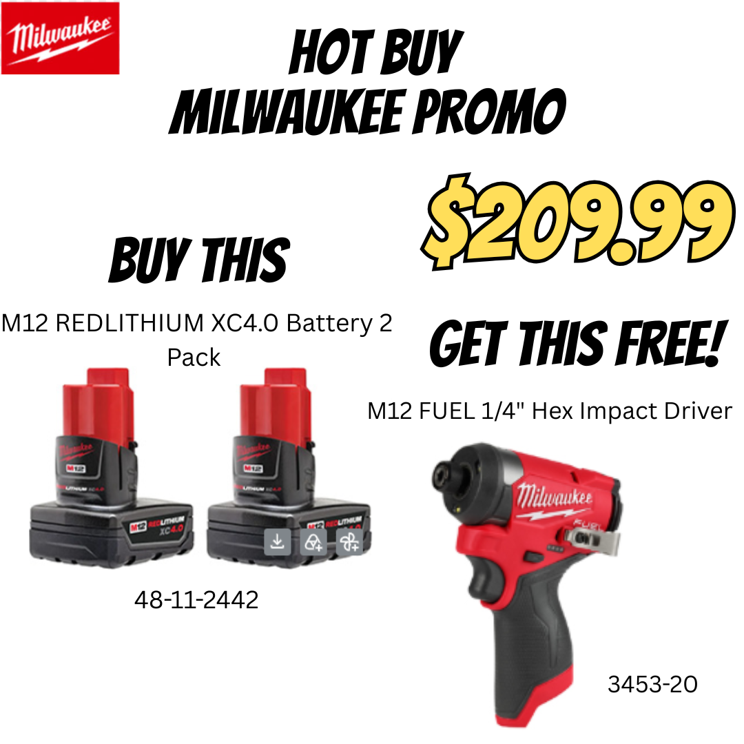 Milwaukee M12 REDLITHIUM XC4.0 Battery 2-Pack — FREE M12 FUEL 1/4" Hex Impact Driver | Buy 2 Batteries, Get the Driver Free
