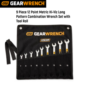 9 Piece 12 Point Metric Hi-Viz Long Pattern Combination Wrench Set with Tool Roll