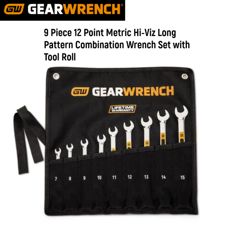 9 Piece 12 Point Metric Hi-Viz Long Pattern Combination Wrench Set with Tool Roll