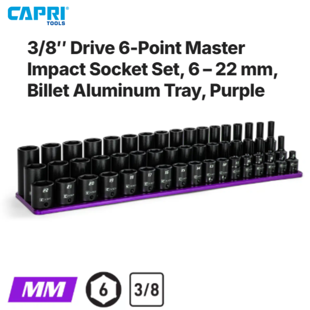 3/8" DRIVE MASTER IMPACT SOCKET
SET, SHALLOW, SEMI-DEEP, AND DEEP METRIC, 6 TO 22 MM, 51-PIECE