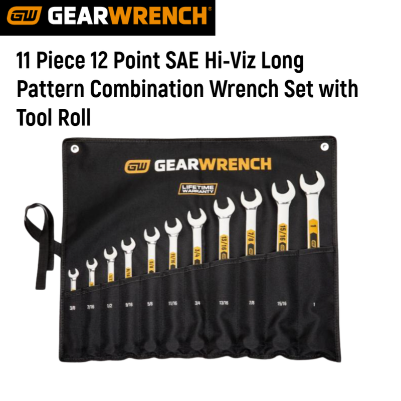 Gearwrench 11 Piece 12 Point SAE Hi-Viz Long Pattern Combination Wrench Set with Tool Roll