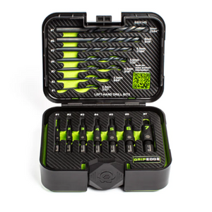 Drill bit set with black and green case on a white background