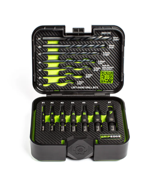 Drill bit set with black and green case on a white background