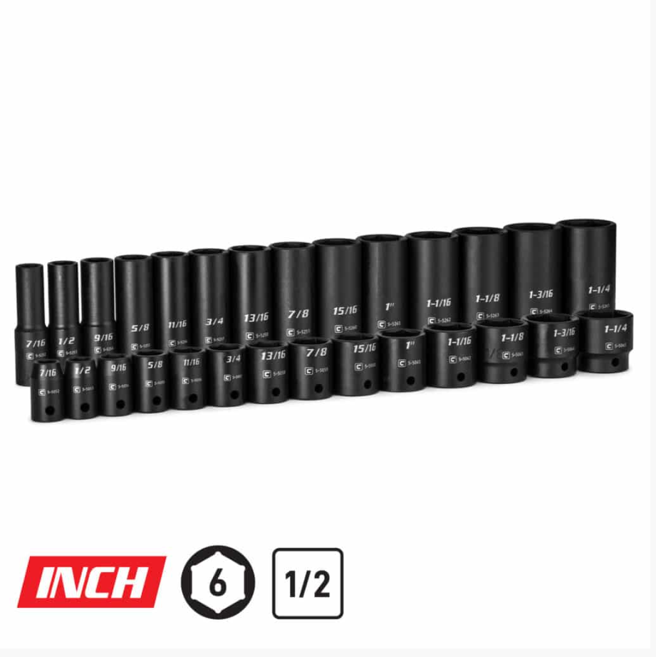 Capri Tools 1/2 in. Drive Shallow and Deep Impact Socket Set, SAE, 7/16 to 1-1/4 in., 28-Piece