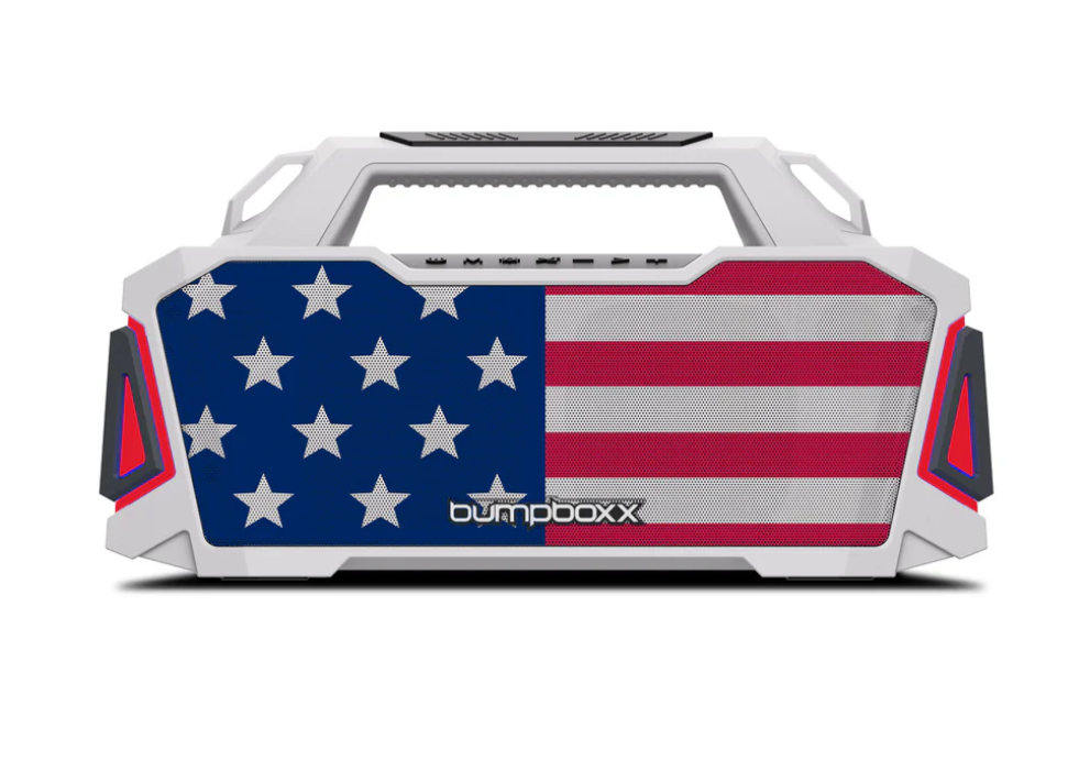 Dumpboxx cooler with American flag design on a white background