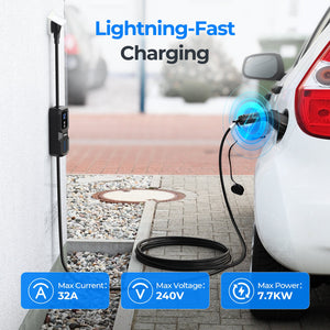 TOPDON PulseQ AC Portable 32A Level 2 EV Charger - Wall-mounted charger charging a car, showing 32A / 240V