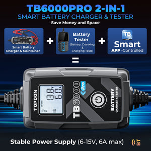 TOPDON TB6000Pro Battery Charger & Tester - 2-in-1 charger and tester with LCD display