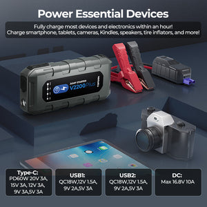 TOPDON V2200Plus Jump Starter & Battery Tester - Clamps and USB ports