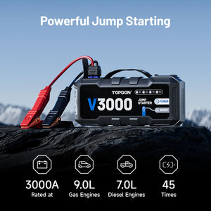 TOPDON V3000 3000A Jump Starter & Power Bank - 3000A peak, 9.0L gas / 7.0L diesel